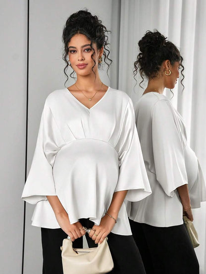 Maternity Elegant Blouse - V Neck, Batwing Three Quarter Sleeve, Asymmetric Hem, White