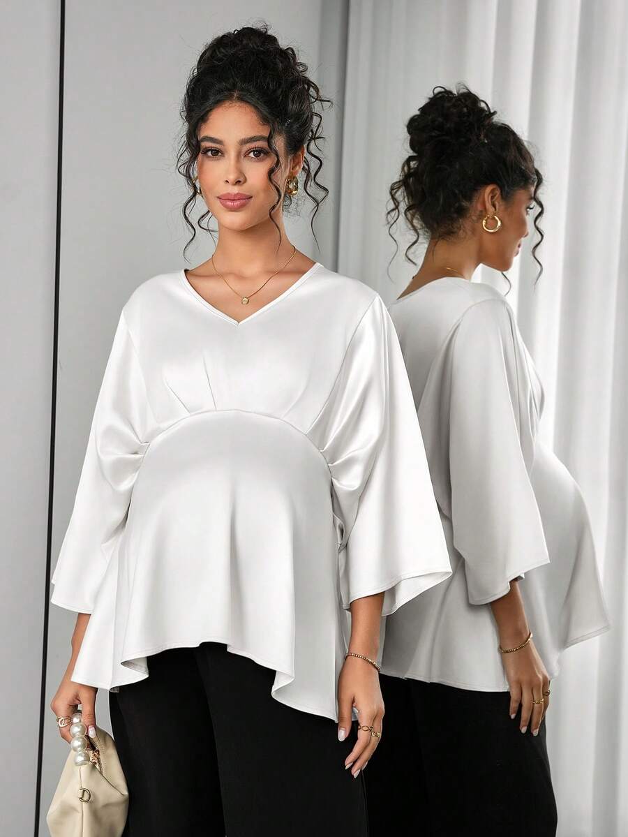 Maternity Elegant Blouse - V Neck, Batwing Three Quarter Sleeve, Asymmetric Hem, White