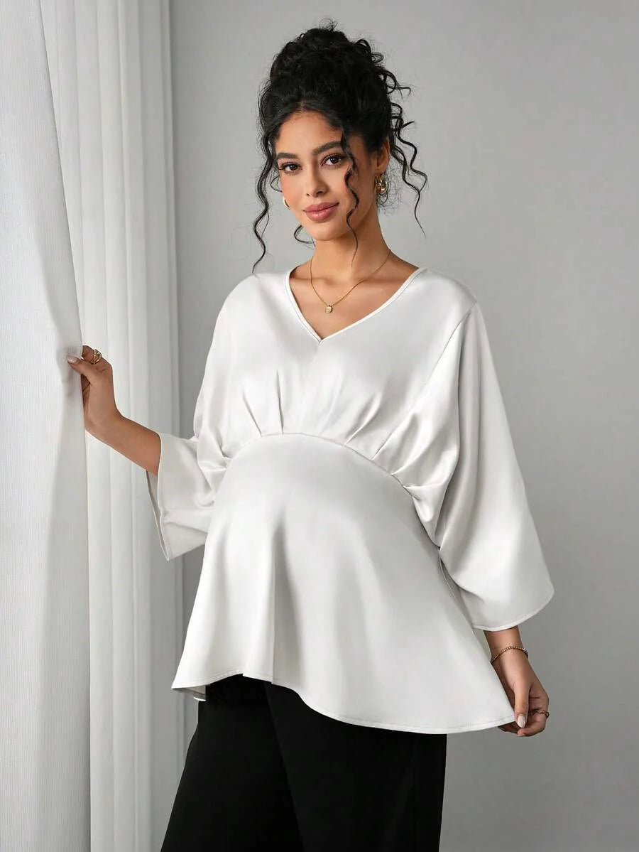 Maternity Elegant Blouse - V Neck, Batwing Three Quarter Sleeve, Asymmetric Hem, White