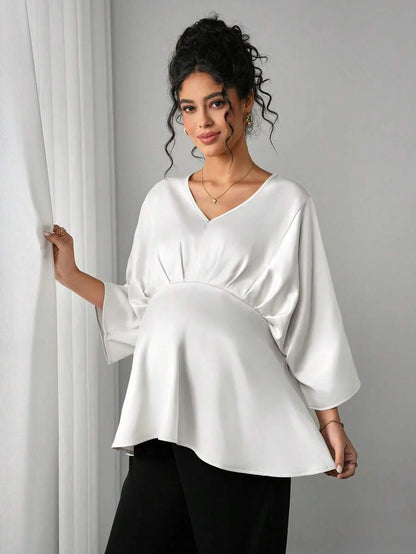 Maternity Elegant Blouse - V Neck, Batwing Three Quarter Sleeve, Asymmetric Hem, White
