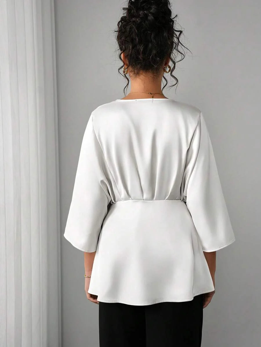Maternity Elegant Blouse - V Neck, Batwing Three Quarter Sleeve, Asymmetric Hem, White