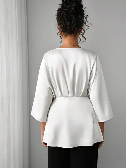 Maternity Elegant Blouse - V Neck, Batwing Three Quarter Sleeve, Asymmetric Hem, White