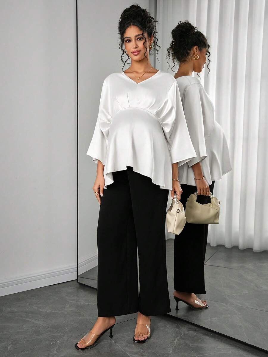 Maternity Elegant Blouse - V Neck, Batwing Three Quarter Sleeve, Asymmetric Hem, White