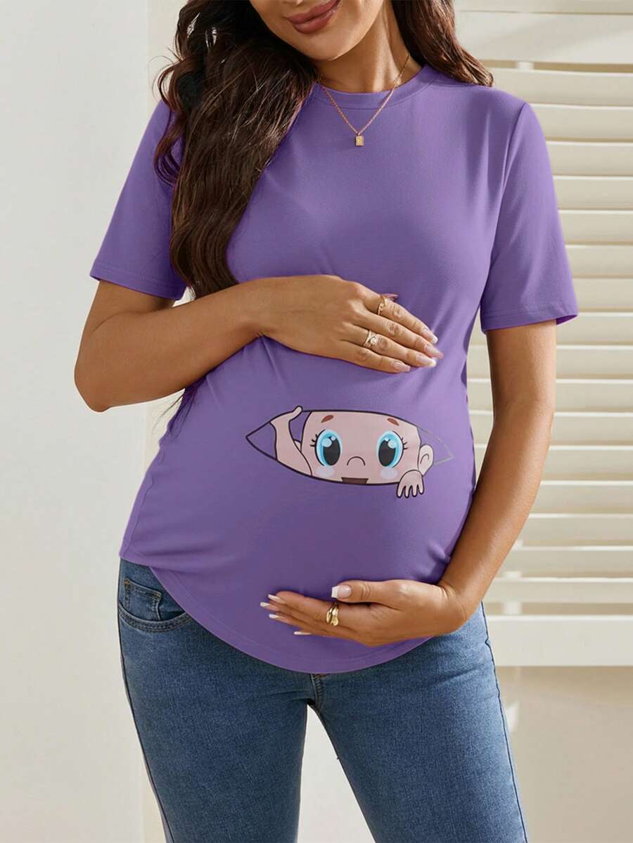 Maternity Cartoon Animal Print Short Sleeve T-Shirt - Blue Round Neck Ruched Side Casual Knit Top for Daily Wear