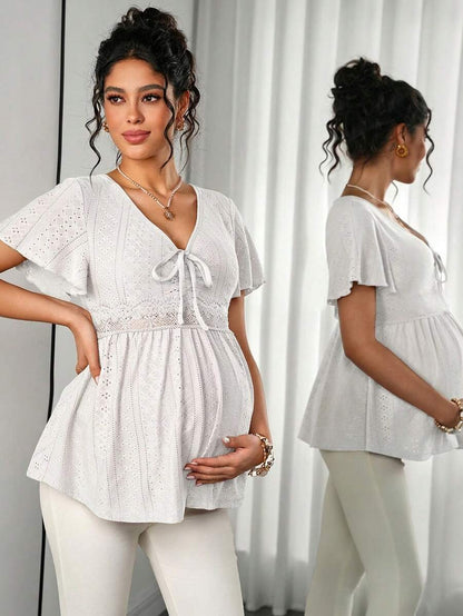 Maternity Hollow Embroidered Tee - V Neck, Puff Short Sleeve, Contrast Lace, Ruched, Yellow