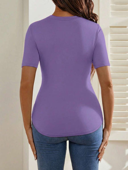 Maternity Cartoon Animal Print Short Sleeve T-Shirt - Blue Round Neck Ruched Side Casual Knit Top for Daily Wear
