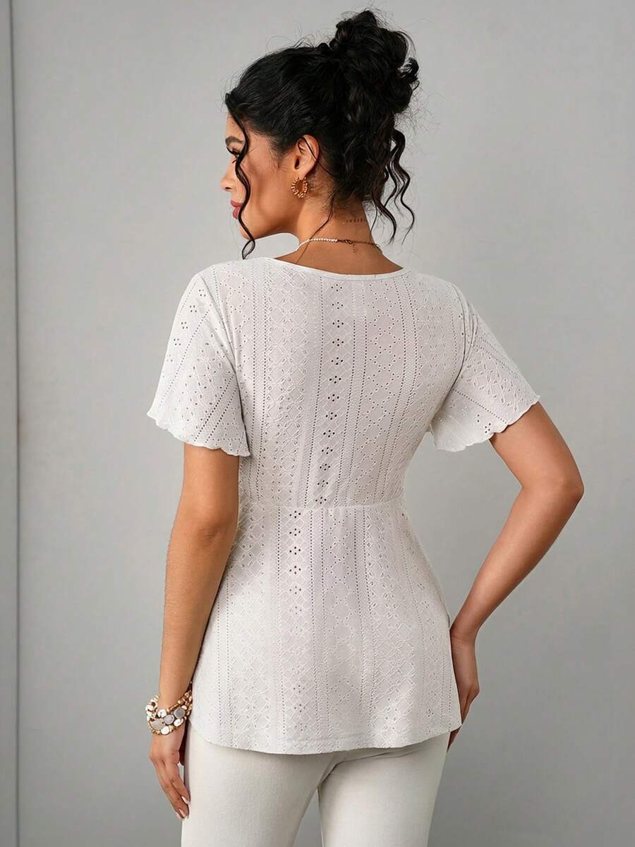 Maternity Hollow Embroidered Tee - V Neck, Puff Short Sleeve, Contrast Lace, Ruched, Yellow