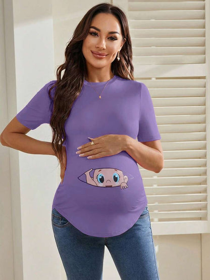Maternity Cartoon Animal Print Short Sleeve T-Shirt - Blue Round Neck Ruched Side Casual Knit Top for Daily Wear