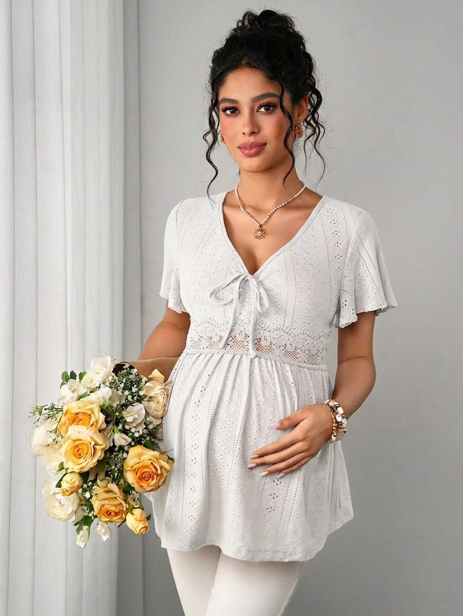 Maternity Hollow Embroidered Tee - V Neck, Puff Short Sleeve, Contrast Lace, Ruched, Yellow