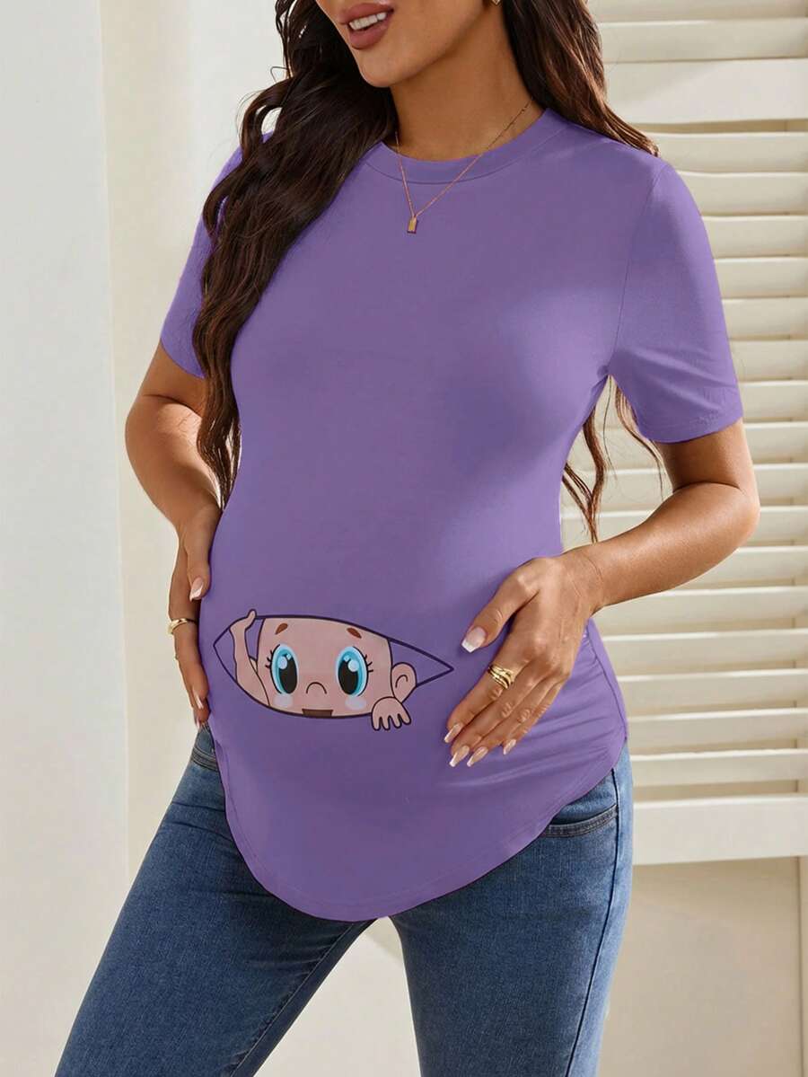 Maternity Cartoon Animal Print Short Sleeve T-Shirt - Blue Round Neck Ruched Side Casual Knit Top for Daily Wear