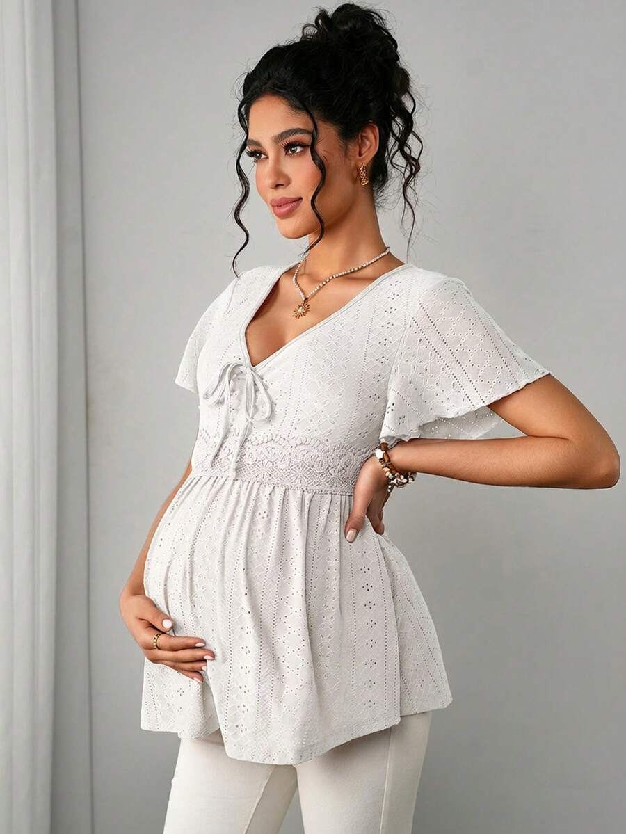 Maternity Hollow Embroidered Tee - V Neck, Puff Short Sleeve, Contrast Lace, Ruched, Yellow