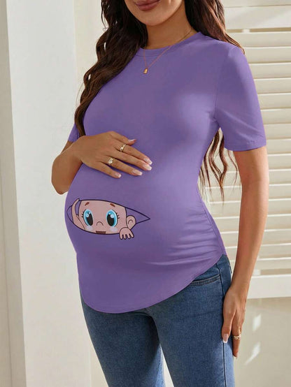 Maternity Cartoon Animal Print Short Sleeve T-Shirt - Blue Round Neck Ruched Side Casual Knit Top for Daily Wear