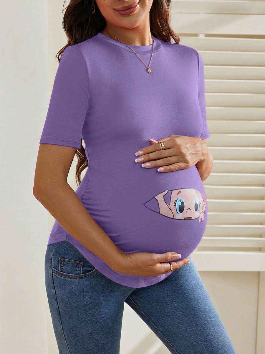 Maternity Cartoon Animal Print Short Sleeve T-Shirt - Blue Round Neck Ruched Side Casual Knit Top for Daily Wear