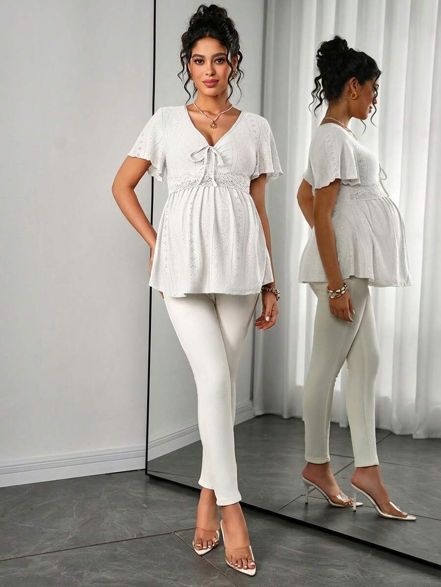 Maternity Hollow Embroidered Tee - V Neck, Puff Short Sleeve, Contrast Lace, Ruched, Yellow