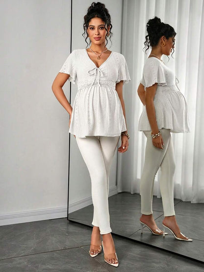 Maternity Hollow Embroidered Tee - V Neck, Puff Short Sleeve, Contrast Lace, Ruched, Yellow