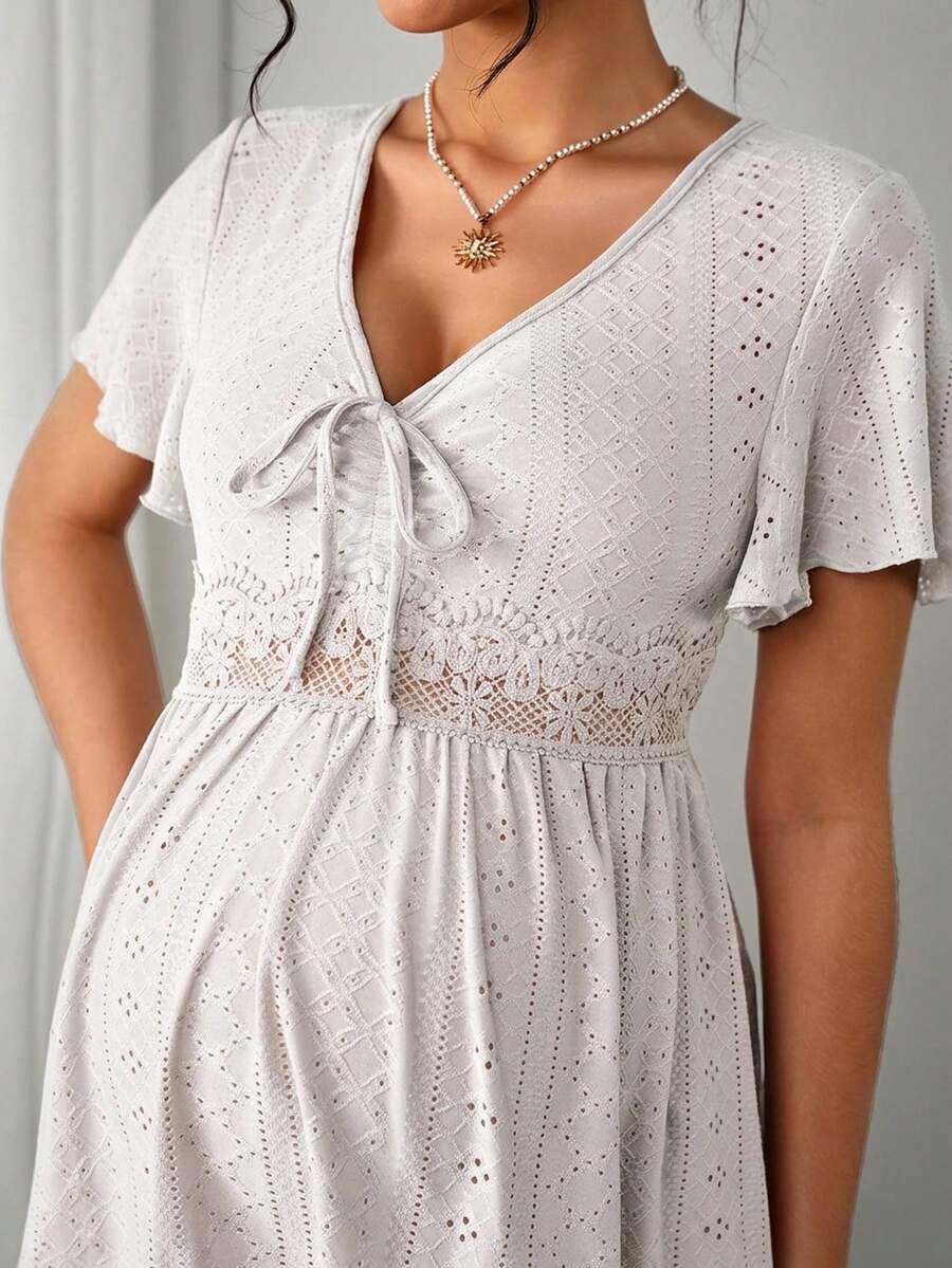 Maternity Hollow Embroidered Tee - V Neck, Puff Short Sleeve, Contrast Lace, Ruched, Yellow