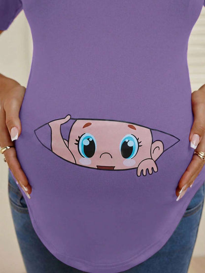 Maternity Cartoon Animal Print Short Sleeve T-Shirt - Blue Round Neck Ruched Side Casual Knit Top for Daily Wear