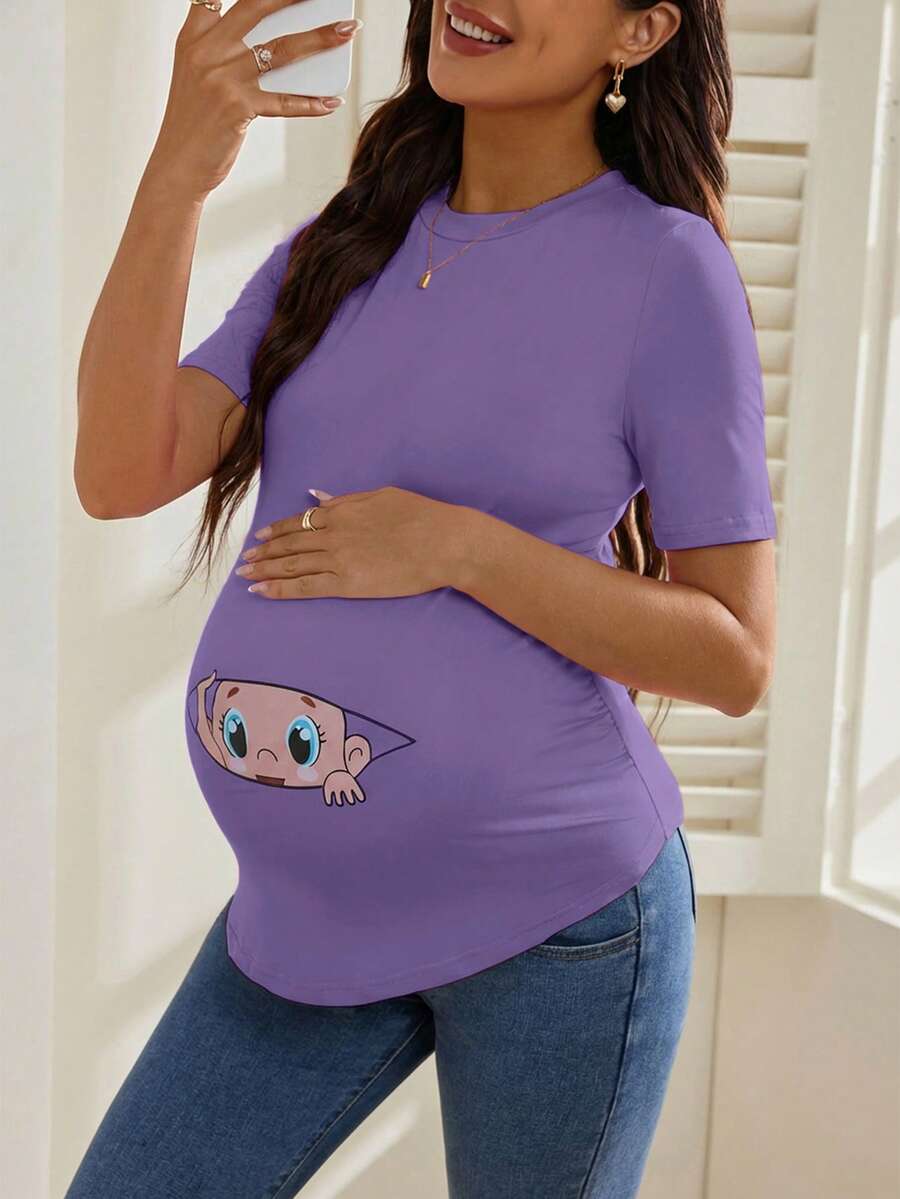 Maternity Cartoon Animal Print Short Sleeve T-Shirt - Blue Round Neck Ruched Side Casual Knit Top for Daily Wear