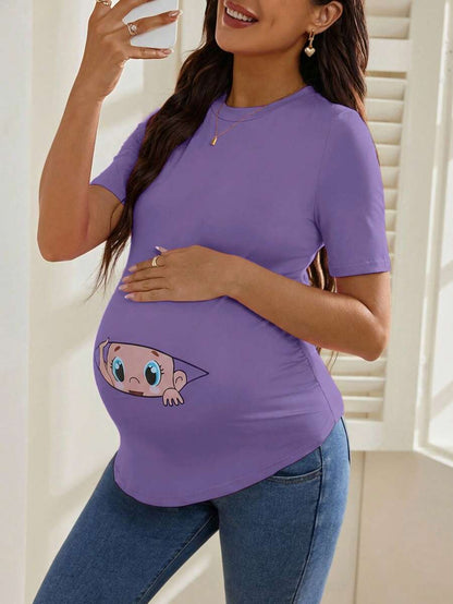 Maternity Cartoon Animal Print Short Sleeve T-Shirt - Blue Round Neck Ruched Side Casual Knit Top for Daily Wear
