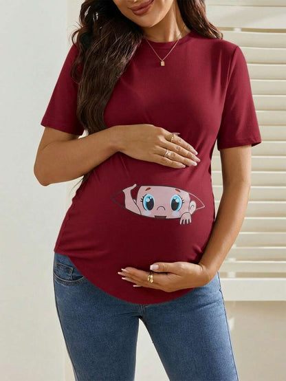 Maternity Cartoon Animal Print Short Sleeve T-Shirt - Blue Round Neck Ruched Side Casual Knit Top for Daily Wear