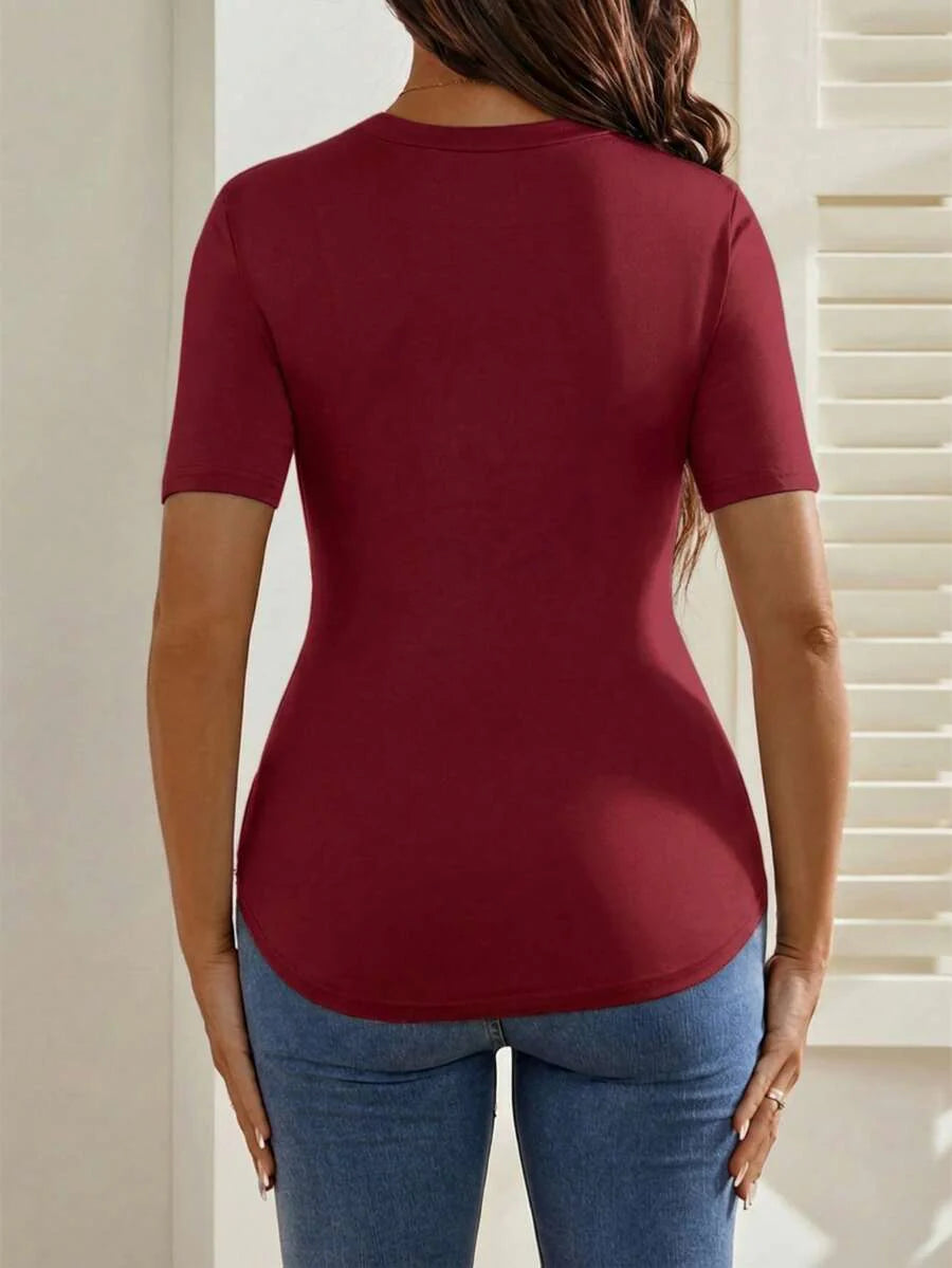 Maternity Cartoon Animal Print Short Sleeve T-Shirt - Blue Round Neck Ruched Side Casual Knit Top for Daily Wear