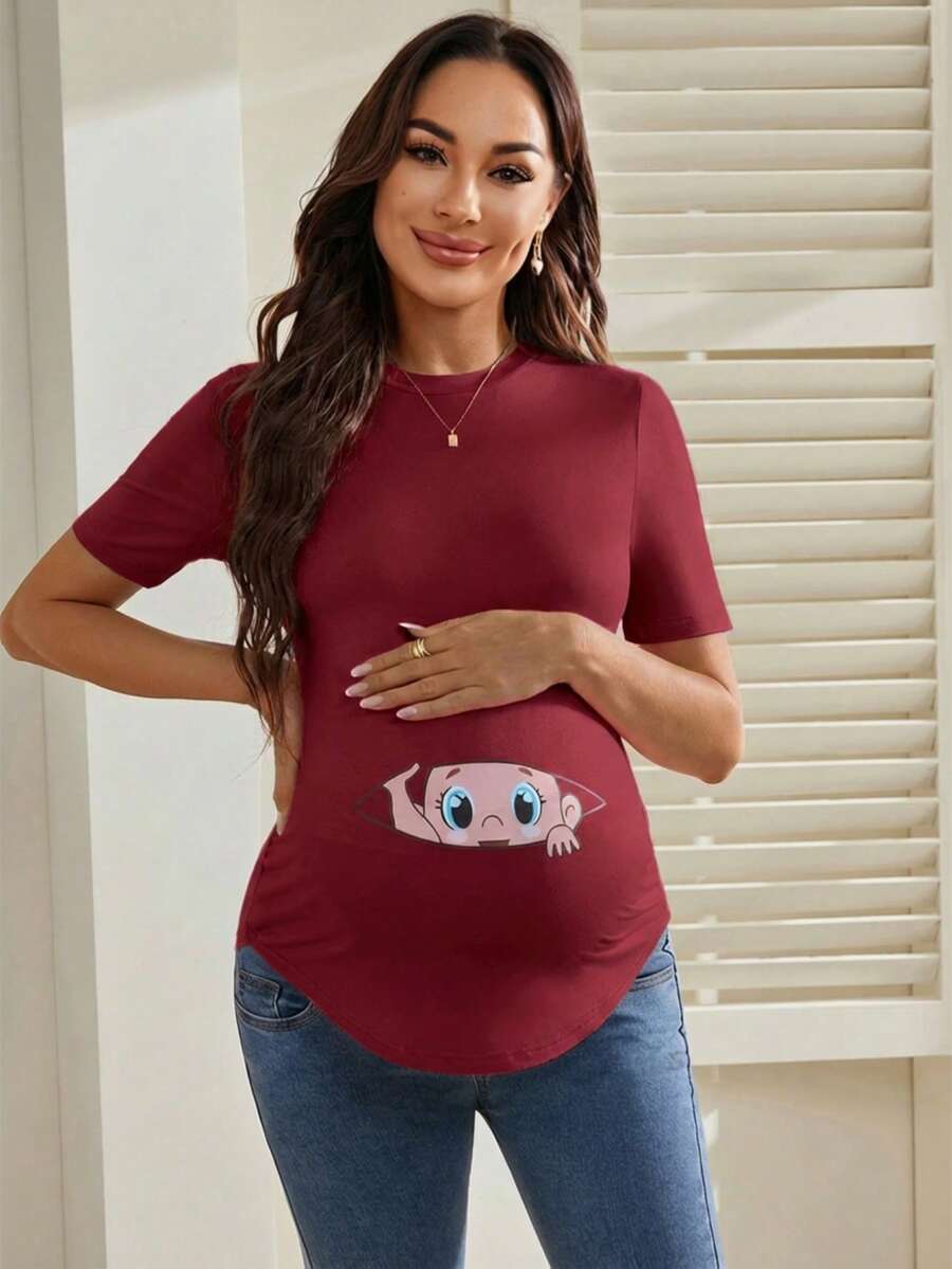 Maternity Cartoon Animal Print Short Sleeve T-Shirt - Blue Round Neck Ruched Side Casual Knit Top for Daily Wear