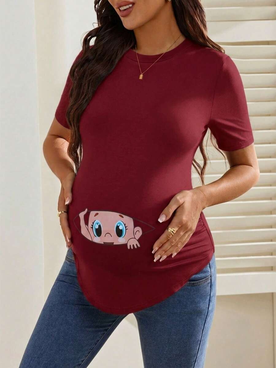 Maternity Cartoon Animal Print Short Sleeve T-Shirt - Blue Round Neck Ruched Side Casual Knit Top for Daily Wear