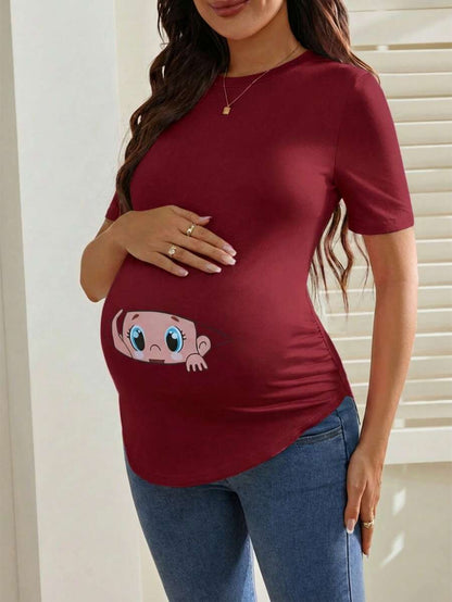 Maternity Cartoon Animal Print Short Sleeve T-Shirt - Blue Round Neck Ruched Side Casual Knit Top for Daily Wear