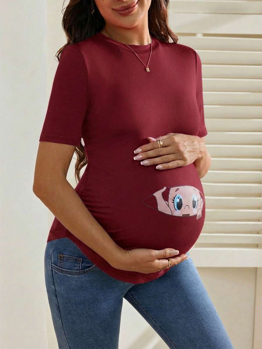 Maternity Cartoon Animal Print Short Sleeve T-Shirt - Blue Round Neck Ruched Side Casual Knit Top for Daily Wear