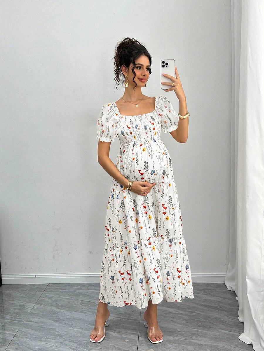Maternity Floral A-Line Midi Dress - Square Neck, Puff Half Sleeve, Shirred, Slim Fit, Royal Blue