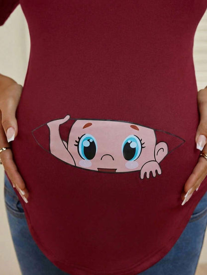 Maternity Cartoon Animal Print Short Sleeve T-Shirt - Blue Round Neck Ruched Side Casual Knit Top for Daily Wear