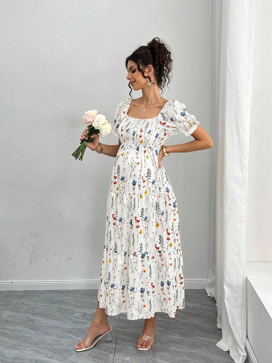 Maternity Floral A-Line Midi Dress - Square Neck, Puff Half Sleeve, Shirred, Slim Fit, Royal Blue