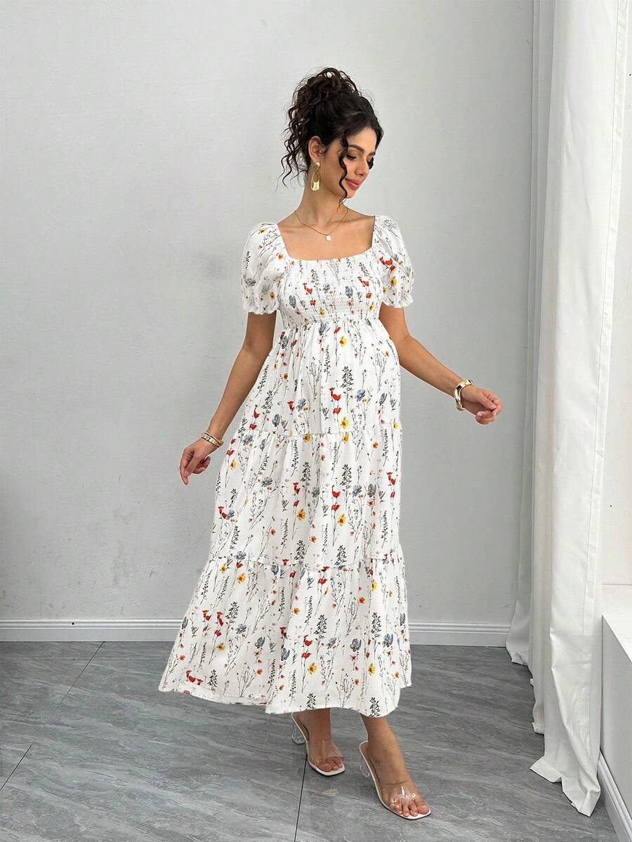 Maternity Floral A-Line Midi Dress - Square Neck, Puff Half Sleeve, Shirred, Drawstring Waist, Apricot