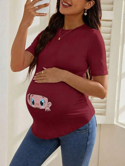 Maternity Cartoon Animal Print Short Sleeve T-Shirt - Blue Round Neck Ruched Side Casual Knit Top for Daily Wear