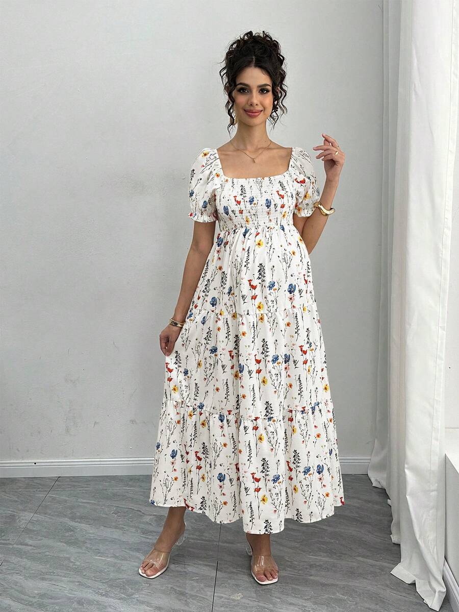Maternity Floral A-Line Midi Dress - Square Neck, Puff Half Sleeve, Shirred, Slim Fit, Royal Blue