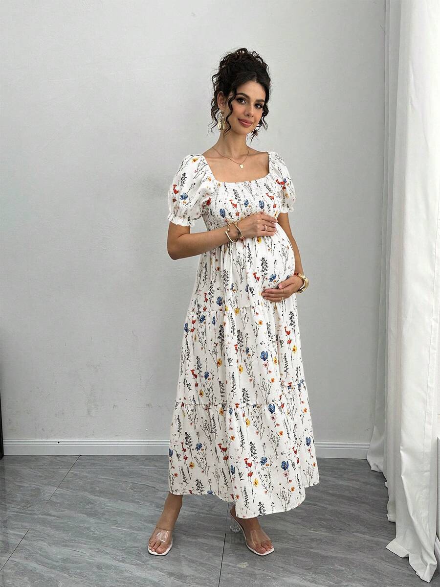 Maternity Floral A-Line Midi Dress - Square Neck, Puff Half Sleeve, Shirred, Drawstring Waist, Apricot