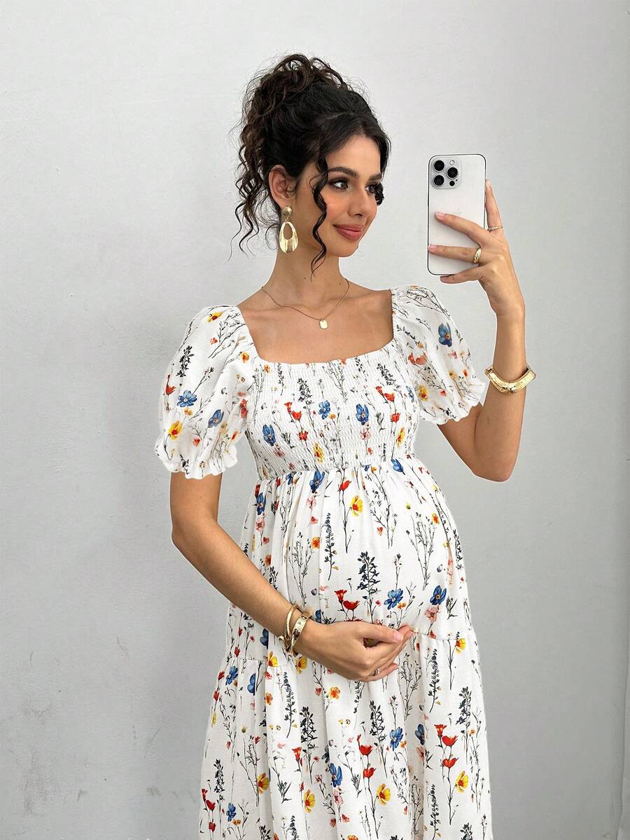 Maternity Floral A-Line Midi Dress - Square Neck, Puff Half Sleeve, Shirred, Slim Fit, Royal Blue