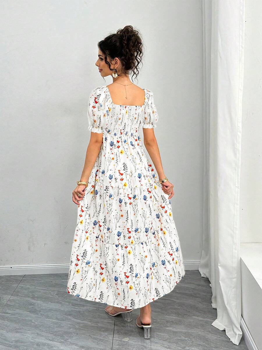Maternity Floral A-Line Midi Dress - Square Neck, Puff Half Sleeve, Shirred, Slim Fit, Royal Blue