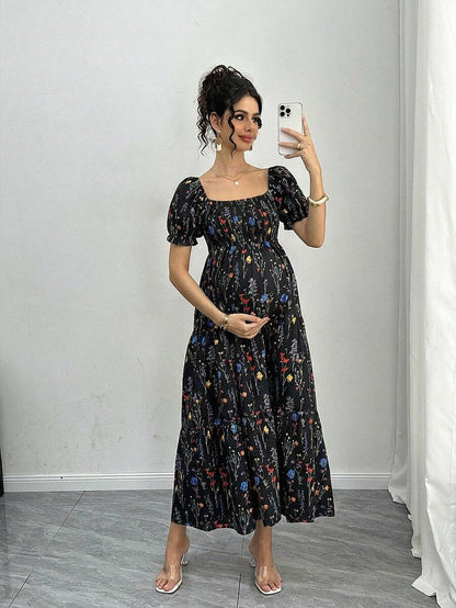 Maternity Floral A-Line Midi Dress - Square Neck, Puff Half Sleeve, Shirred, Slim Fit, Royal Blue