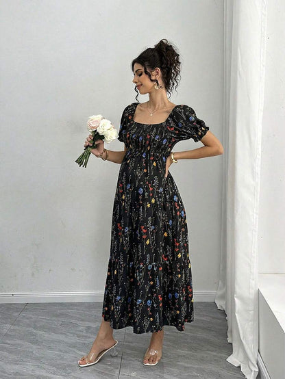Maternity Floral A-Line Midi Dress - Square Neck, Puff Half Sleeve, Shirred, Slim Fit, Royal Blue