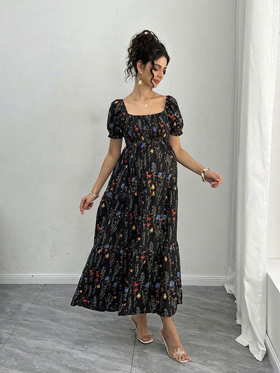 Maternity Floral A-Line Midi Dress - Square Neck, Puff Half Sleeve, Shirred, Slim Fit, Royal Blue