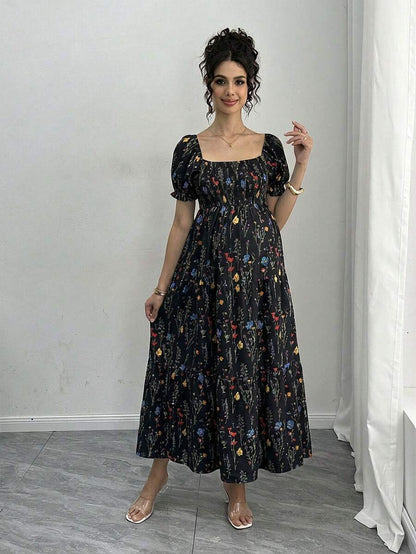 Maternity Floral A-Line Midi Dress - Square Neck, Puff Half Sleeve, Shirred, Slim Fit, Royal Blue