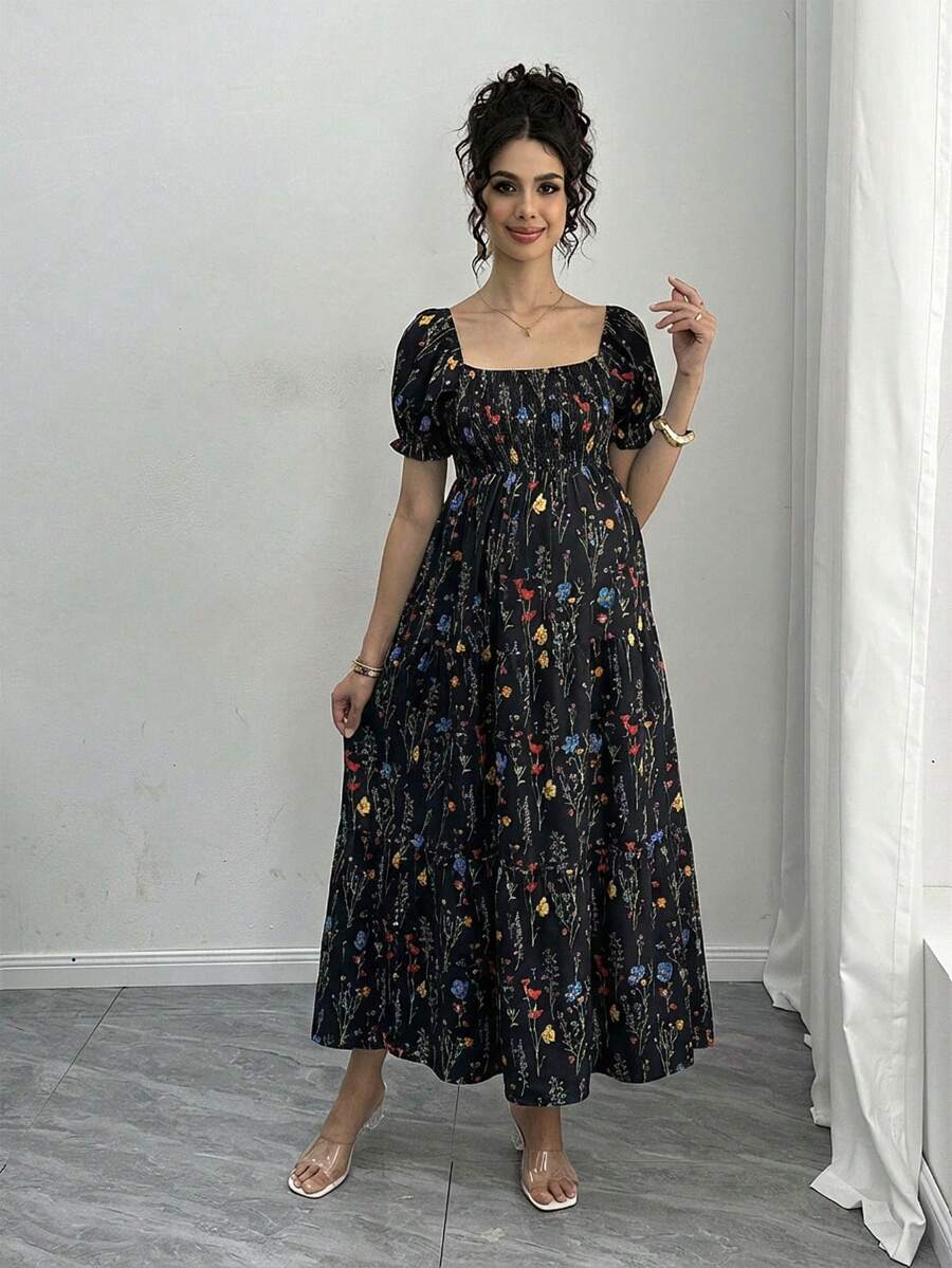 Maternity Floral A-Line Midi Dress - Square Neck, Puff Half Sleeve, Shirred, Drawstring Waist, Apricot