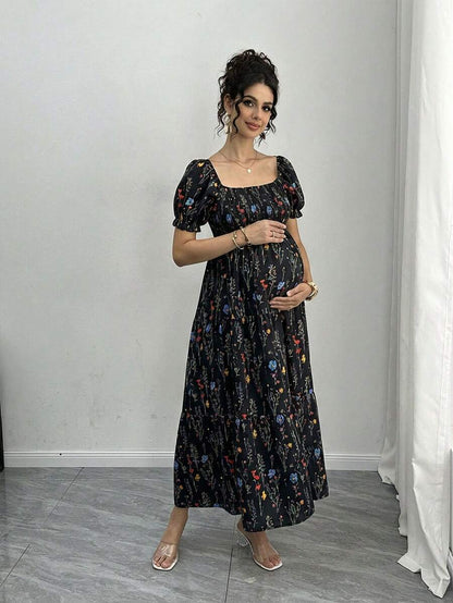 Maternity Floral A-Line Midi Dress - Square Neck, Puff Half Sleeve, Shirred, Drawstring Waist, Apricot