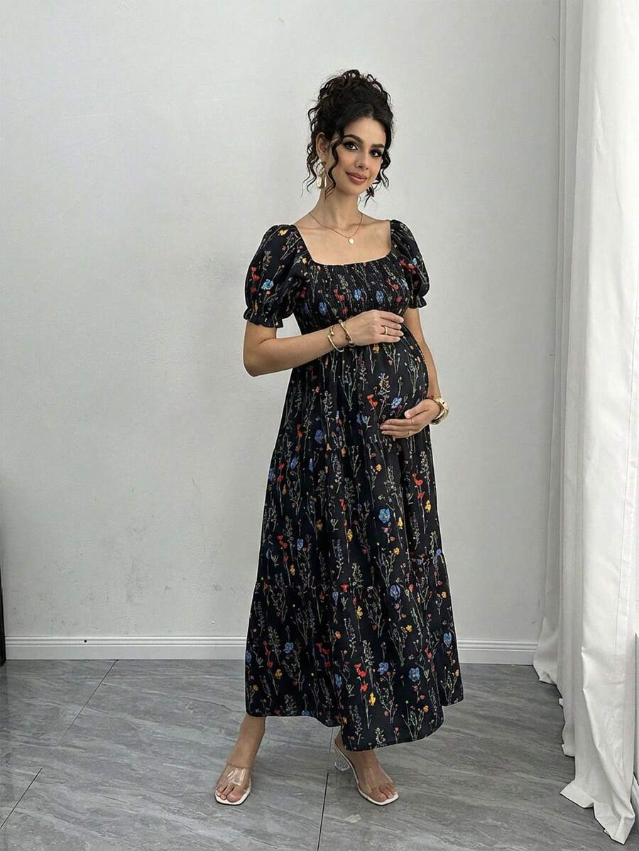 Maternity Floral A-Line Midi Dress - Square Neck, Puff Half Sleeve, Shirred, Slim Fit, Royal Blue