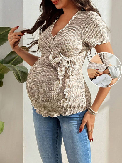 Multicolor Knitted Waffle V-Neck Maternity T-Shirt - Slim Fit High Stretch Short Sleeve Breastfeeding Friendly Casual Nursing Top