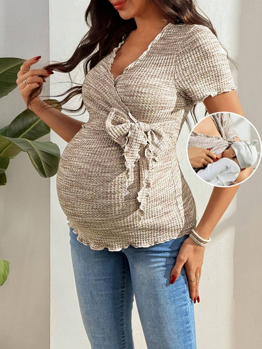 Maternity V-Neck Waffle Knit T-Shirt - Colorful Short Sleeve Casual Nursing Top