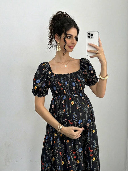 Maternity Floral A-Line Midi Dress - Square Neck, Puff Half Sleeve, Shirred, Drawstring Waist, Apricot