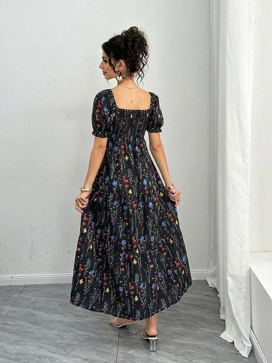 Maternity Floral A-Line Midi Dress - Square Neck, Puff Half Sleeve, Shirred, Drawstring Waist, Apricot
