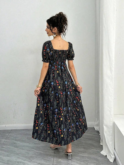 Maternity Floral A-Line Midi Dress - Square Neck, Puff Half Sleeve, Shirred, Slim Fit, Royal Blue